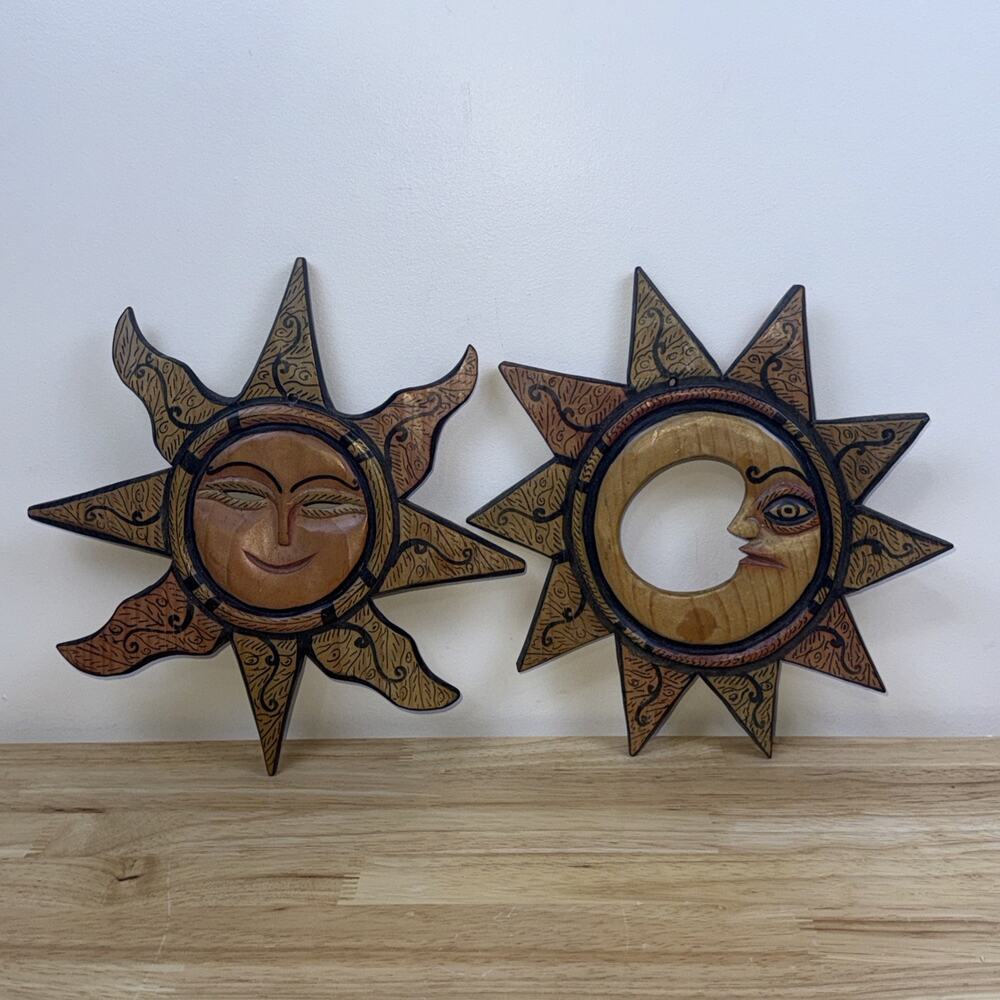 Sun & Moon Celestial Wall Plaques Wooden Folk Art Whimsigoth Boho Hangers 9”
